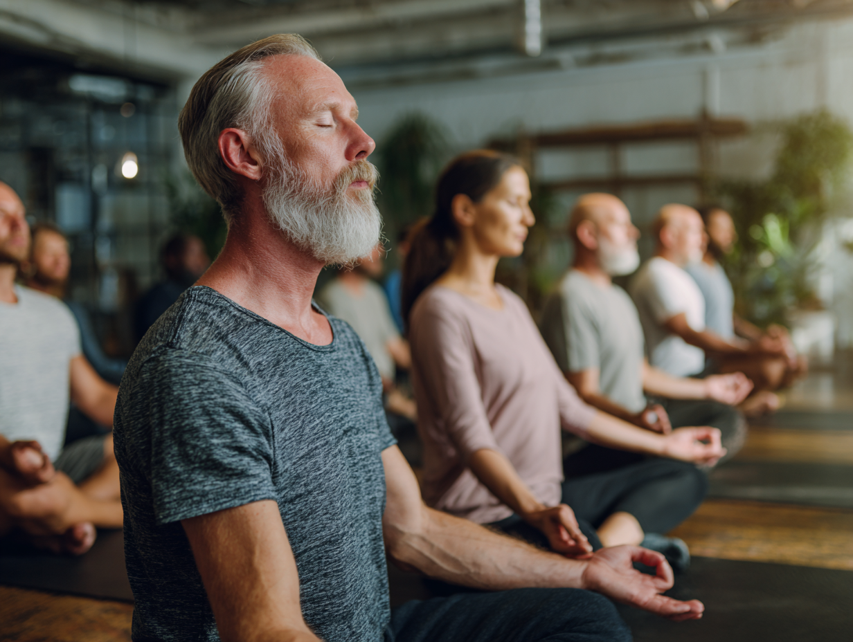 Група людей практикує йогу на заході сонця